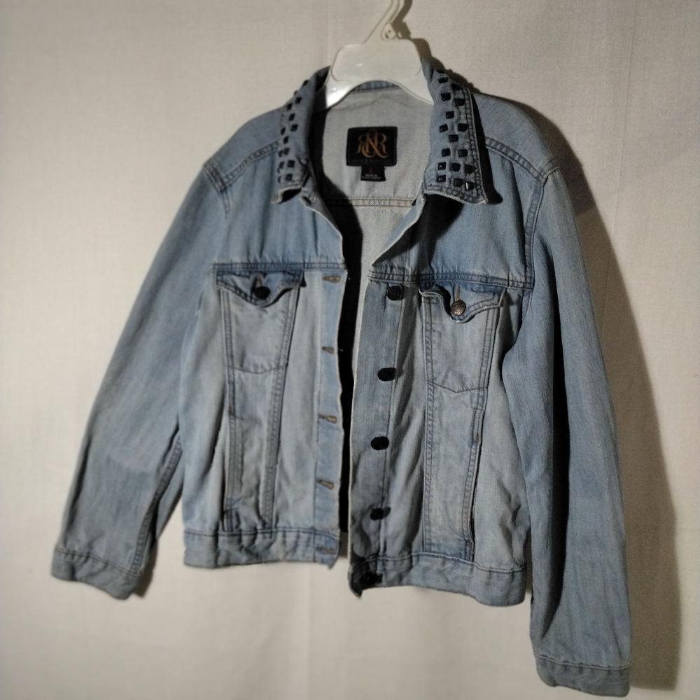 Rock & Republic Hitchiker Custom Fade Denim Studded Collar Jean Jacket Size L
